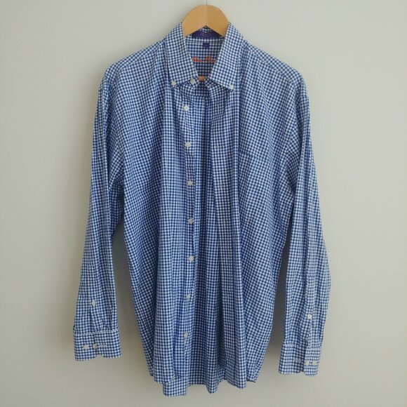 Alan Flusser Mens Large 100% cotton blue white checked button down shirt - Picture 9 of 16